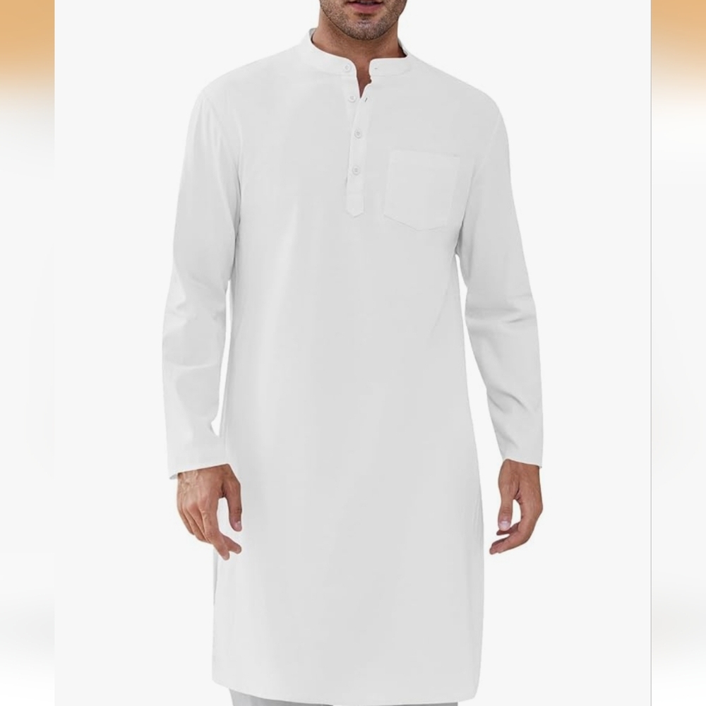 NWT Mens White Long Sleeve Kurta With Pockets & Side Slits